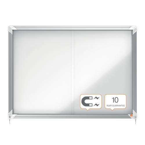 The Nobo lockable, wall-mounted, magnetic dry-wipe case with sliding doors is the practical yet stylish solution for creating eye-catching displays whilst keeping your notices in pristine condition and free from tampering.Designed for indoor use, it features a contemporary aluminium frame, magnetic whiteboard lining and sliding glazed doors.Your important information will remain safe and intact thanks to the lockable sliding doors incorporating a top quality barrel lock. 2 identical keys are provided so you won’t be caught out if one goes missing; while the 4mm toughened safety glass in the sliding doors ensures optimum safety and security.Flexibility for the office, factory or hospital environment where important information is updated regularly and quickly, the Nobo magnetic display case is ideal. Write up messages for team handovers, replace daily target sheets in seconds or use a combination of paper and hand-written notes to highlight key points.With its high quality, smooth magnetic surface, the Nobo glazed whiteboard cleans easily when used with dry wipe pens without the need for wet cloths or solvent solutions. It is stain resistant and leaves no ghost images, ensuring you communicate a clear, professional image every time. With its large surface area, this notice board is ideal for busy offices, public buildings and schools.Ideal for corridors, with no hinged doors opening out into a walk way, this sliding door model is particularly suitable for busy corridors.Simply open the box and you’ll find that your new magnetic display case is assembled and ready to install. Once installed, it takes just seconds to secure your notices and memos in place with magnets and add any hand-written notes to create a tidy, eye-catching display.