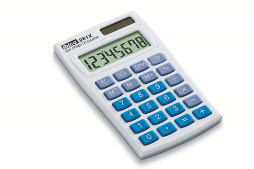 With an elegant protective wallet , the 8-digit LCD display Ibico 081X Pocket Calculator is slim and small enough to fit neatly into a shirt pocket. With an attractive white and blue finish and soft touch rubber keys, it is ideal for business people on the move.