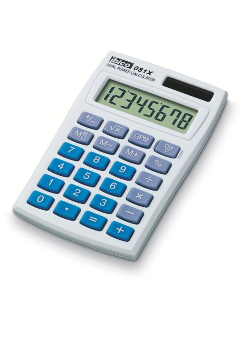 With an elegant protective wallet , the 8-digit LCD display Ibico 081X Pocket Calculator is slim and small enough to fit neatly into a shirt pocket. With an attractive white and blue finish and soft touch rubber keys, it is ideal for business people on the move.