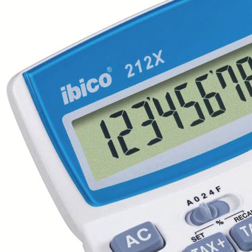 With its convenient large keys, the Ibico 212X calculator achieves the perfect balance between visible display size and desk space usage. It has a tilting 12-digit LCD display, raised keys for fast entry and useful tax +/- and rounding functions.