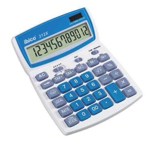 With its convenient large keys, the Ibico 212X calculator achieves the perfect balance between visible display size and desk space usage. It has a tilting 12-digit LCD display, raised keys for fast entry and useful tax +/- and rounding functions.