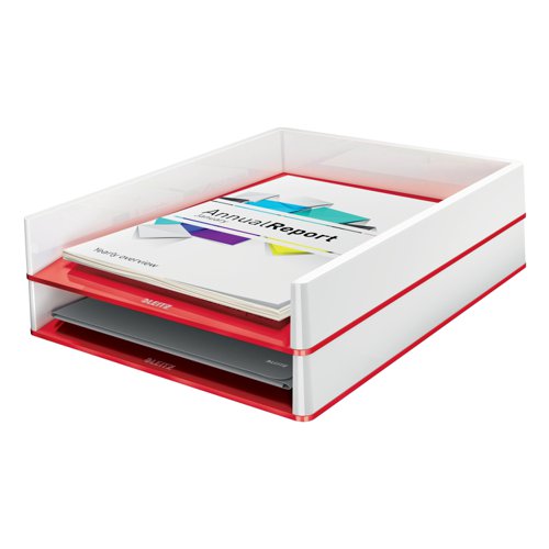 19270AC | The eye-catching, premium quality Leitz letter tray comes in striking and stylish dual colours with a glossy finish. This robust tray perfectly complements other products from the Leitz WOW range.