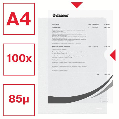 Esselte Quality Folder A4, glass clear, 0.08mm Polypropylene 30% pre-consumer recycled plastic (Pack 100)