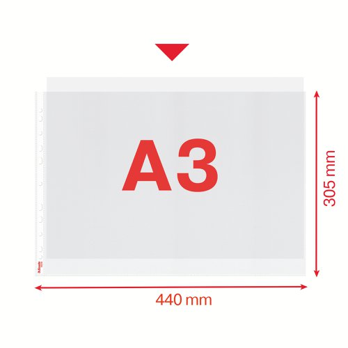 Esselte Quality Pocket A3, embossed clear, 0.09mm 30% pre-consumer Polypropylene (Pack 50)