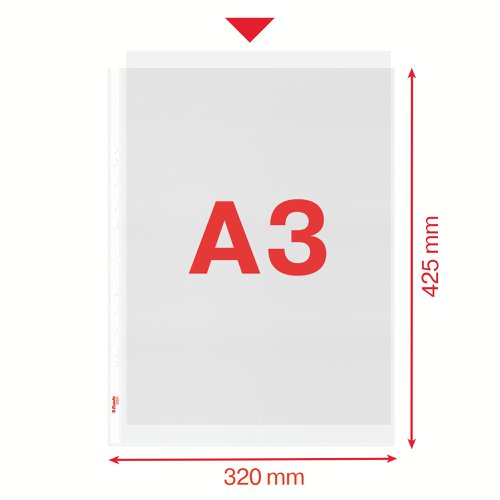 Esselte Quality Punched Pocket, Holds up to 20 A3 sheets, Transparent, Matte, 85 Micron Polypropylene, 30% pre-consumer recycled (Pack 50)