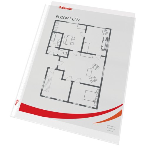 Esselte Quality Punched Pocket, Holds up to 20 A3 sheets, Transparent, Matte, 85 Micron Polypropylene, 30% pre-consumer recycled (Pack 50)
