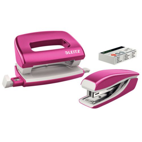 Leitz NeXXt WOW Mini Stapler and Hole Punch Set. 10 sheets. Handy mini version. Includes staples, in blister pack. Pink