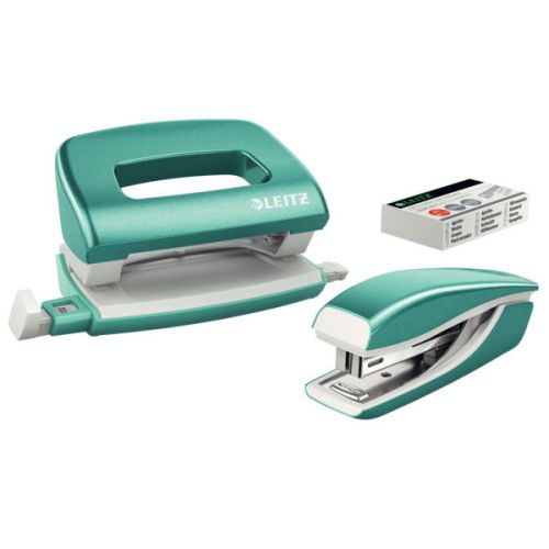 Leitz NeXXt WOW Mini Stapler and Hole Punch Set. 10 sheets. Handy mini version. Includes staples, in blister pack. Ice Blue