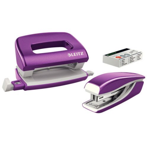 Leitz NeXXt WOW Mini Stapler and Hole Punch Set. 10 sheets. Handy mini version. Includes staples, in blister pack. Purple