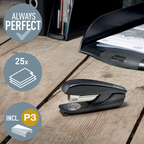 19347AC | Eye-catching, premium reliable small stapler made with post consumer recycled plastic for everyday office use. Climate neutral and 100% recyclable as it can be completely dismantled in the different material types. Patented Direct Impact Technology and Leitz Power Performance staples P3 (24/6, 26/6) ensure perfect stapling every time. This reliable small stapler perfectly complements other products from the Leitz Recycle range and is made to last. Modern and contemporary green stationery that will look great at home and in the office. With the new eco friendly Recycle range from Leitz you can both improve your office environment – and the environment of our planet.