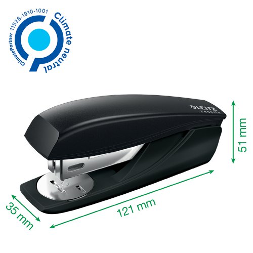 Eye-catching, premium reliable small stapler made with post consumer recycled plastic for everyday office use. Climate neutral and 100% recyclable as it can be completely dismantled in the different material types. Patented Direct Impact Technology and Leitz Power Performance staples P3 (24/6, 26/6) ensure perfect stapling every time. This reliable small stapler perfectly complements other products from the Leitz Recycle range and is made to last. Modern and contemporary green stationery that will look great at home and in the office. With the new eco friendly Recycle range from Leitz you can both improve your office environment – and the environment of our planet.