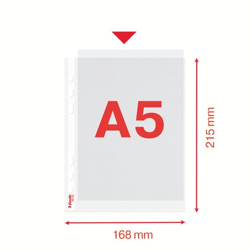 Esselte Quality Punched Pocket, Holds up to 20 A5 sheets, Transparent, Matte, 85 Micron 30% pre-consumer recycled plastic PP (Pack 100) 56123 Buy online at Office 5Star or contact us Tel 01594 810081 for assistance