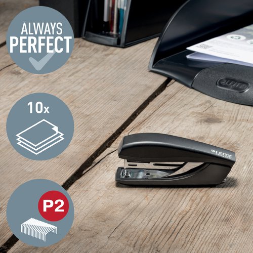 Eye-catching, premium handy sized mini stapler made with post consumer recycled plastic for use in the office, at home and on the move. Fits in the smallest pencil case or in your portfolio. Climate neutral and 100% recyclable as it can be completely dismantled in the different material types. Patented Direct Impact Technology and Leitz Power Performance staples P2 (No. 10) ensure perfect stapling every time. This handy mini stapler perfectly complements other products from the Leitz Recycle range and is made to last. Modern and contemporary green stationery that will look great at home and in the office. With the new eco friendly Recycle range from Leitz you can both improve your office environment – and the environment of our planet.