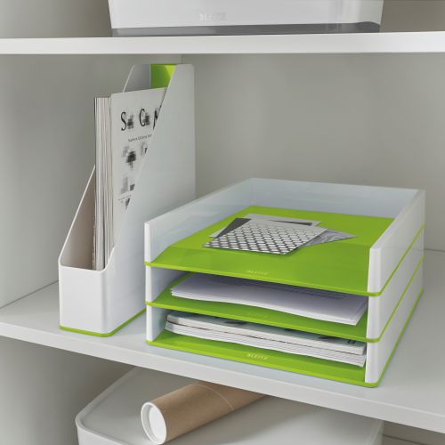 Leitz WOW Dual Colour Letter Tray A4/Foolscap Portrait White/Green 53611054 77197AC Buy online at Office 5Star or contact us Tel 01594 810081 for assistance
