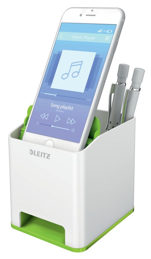 77309AC | The eye-catching, premium quality Leitz Pen Holder comes in striking and stylish dual colours with a glossy finish. This pen holder with sound boosting function perfectly complements other products from the Leitz WOW range. It has a modern and contemporary design that will look great at home and in the office.