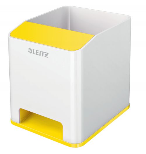 Leitz WOW Sound Pen Holder. With sound boosting function for smartphone. White/yellow.