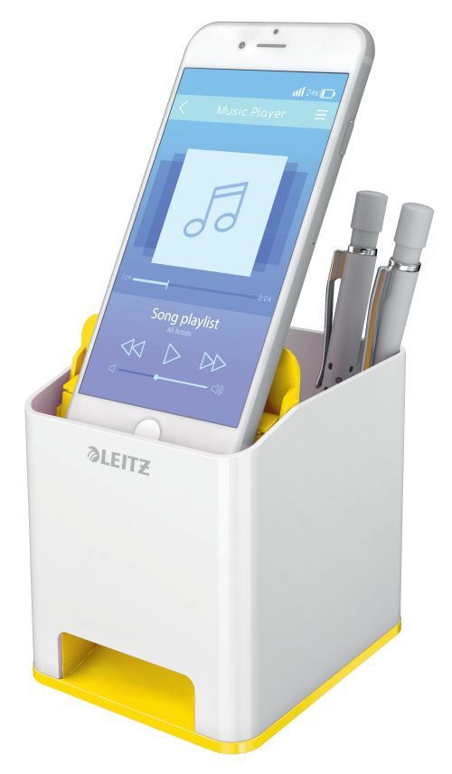 56291AC | The eye-catching, premium quality Leitz Pen Holder comes in striking and stylish dual colours with a glossy finish. This pen holder with sound boosting function perfectly complements other products from the Leitz WOW range. It has a modern and contemporary design that will look great at home and in the office.