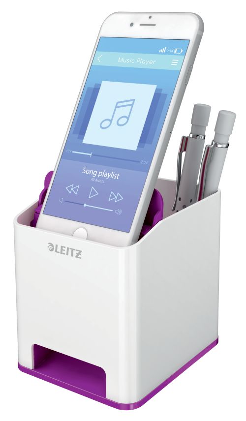 56263AC | The eye-catching, premium quality Leitz Pen Holder comes in striking and stylish dual colours with a glossy finish. This pen holder with sound boosting function perfectly complements other products from the Leitz WOW range. It has a modern and contemporary design that will look great at home and in the office.