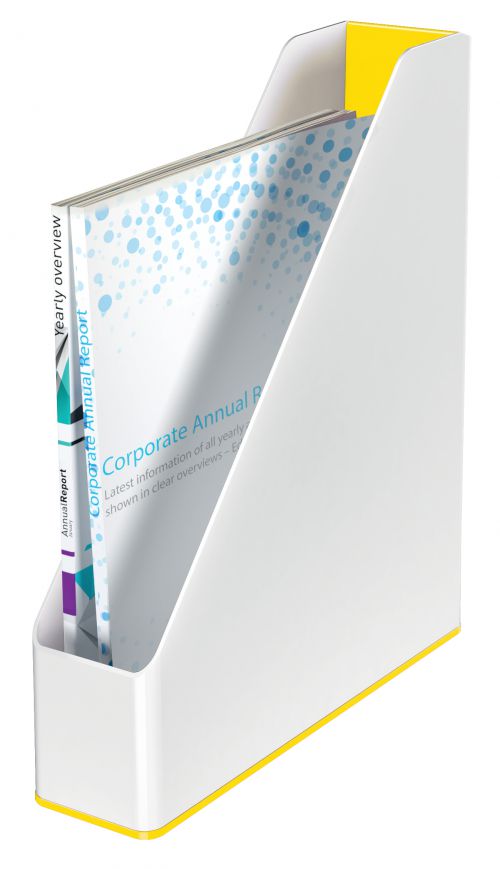 This Leitz WOW Magazine File features a stylish metallic dual colour scheme with a modern and contemporary design. Suitable for documents up to A4 in size, this magazine file has a 73mm spine and is great for storing catalogues, brochures, magazines and more. This white/yellow magazine file measures W73 x D272 x H318mm. Buy any 3 WOW products and claim a free Leitz Cosy Footrest.