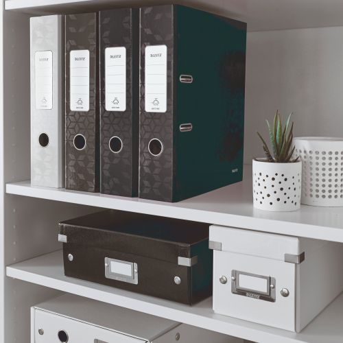This bright, stylish Leitz WOW lever arch file features a unique, patented filing mechanism that opens 180 degrees for ease of use. The file has an 80mm capacity for up to 600 sheets of 80gsm paper. The file also features a metal thumb hole for easy retrieval from a shelf and a large spine label for quick identification of contents. Suitable for A4 filing, the file is made from glossy, laminated paper over board. Ideal for colour coordinated filing, this pack contains 10 black lever arch files. Buy any 3 WOW products and claim a free Leitz Cosy Footrest.