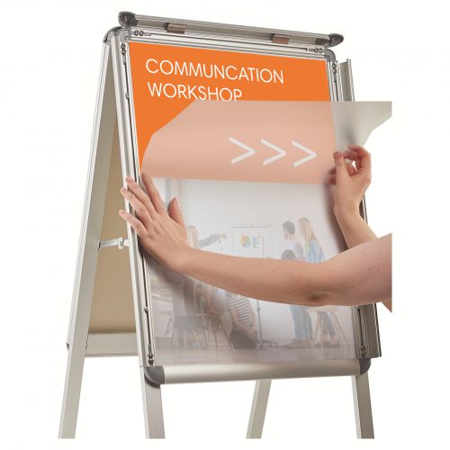 A-Board snap frame for the weatherproof display of posters and information under an anti-glare pvc cover .Smart aluminium snap frame trim for easy poster change and a professional finish.Size A2