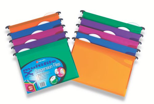 Rexel Foolscap Heavy Duty Suspension Files with Tabs and Inserts for Filing Cabinets; 15mm V-base; Polyprop; Ass.Colours; Multifile Extra; Pk 10