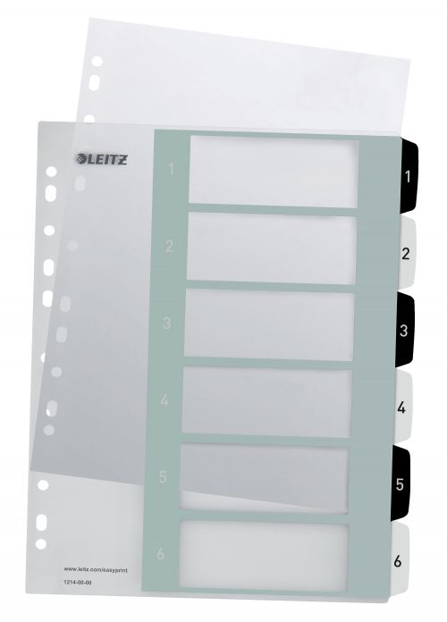 Leitz WOW Printable Index, Polypropylene, extra wide. Black and White. 1-6 premium numerical tabs. A4 Maxi. Multicolour - Outer carton of 20