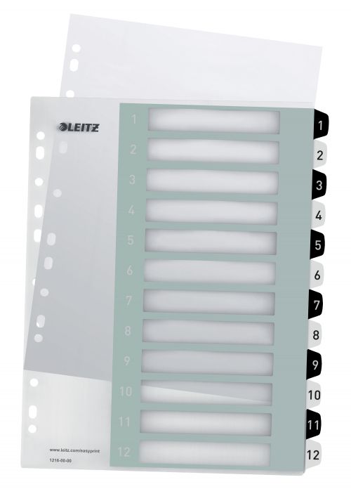 Leitz WOW Printable Index, Polypropylene, extra wide. Black and White. 1-12 premium numerical tabs. A4 Maxi. Multicolour - Outer carton of 10