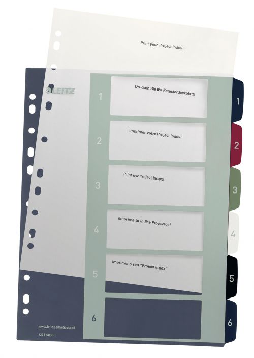 Leitz Style Printable Index, Polypropylene, extra wide 1-6 premium numerical tabs.  A4 Maxi.  - Outer carton of 20
