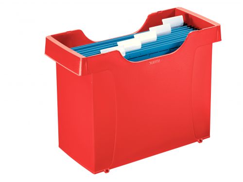Leitz Plus Suspension Filing Unit. SuPolypropylenelied with 5 Leitz Alpha suspension files, labels and label holders. Red