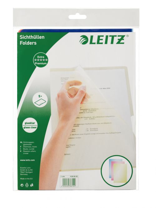 Leitz Premium Folder Glass clear, extra strong 0.15 mm Polypropylene. A4. Assorted (Pack 5)