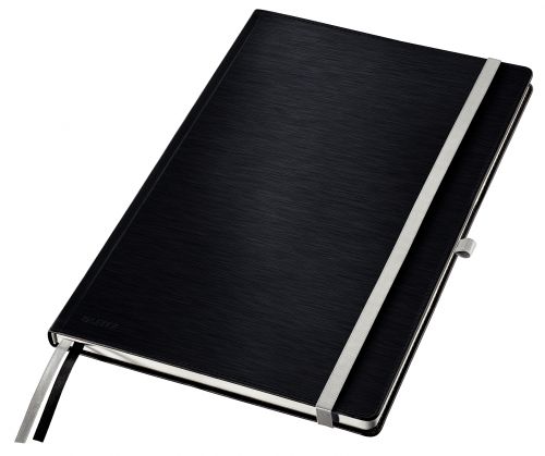 Leitz Style Notebook A4 ruled with hardcover 80 sheets. With fastener, pen holder and inside pockets. Satin Black - Outer carton of 5