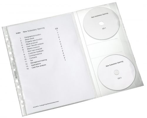 Leitz Pocket with CD sleeve A4 Clear Embossed, extra strong 0.13mm Polypropylene, with sleeve for 2 CDs (1 bag of 5) - Outer carton of 20