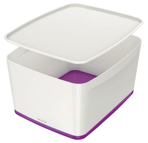 Leitz MyBox WOW Large with lid, Storage Box. 18 litre, W 318 x H 198 x D 385 mm. White/purple - Outer carton of 4