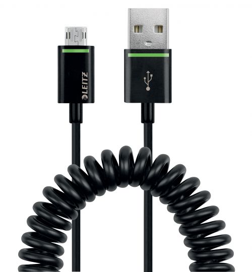 Leitz Complete Coiled Reversible Micro USB to USB Cable, 1m Black