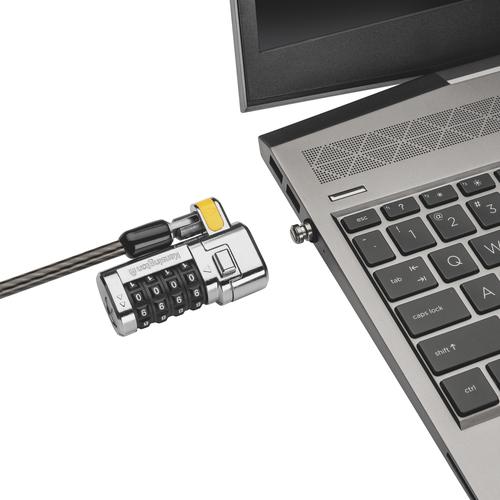 The ClickSafe® Universal Combination Laptop Lock fits any laptop security slot – standard T-bar, Nano or Wedge-Shaped – to lock down your laptop, regardless of laptop brand or generation.Fits standard T-bar, Nano or Wedge-Shaped laptop security slots, regardless of brand or generation. ClickSafe® Locking Technology allows the lock head to be attached with one hand in a single click.The 1.8m (6ft) cable with plastic sheath resists tampering, offers peace-of-mind and delivers the same level of cut-resistance and theft-resistance as thicker cables.A special hinge allows flexible movement.