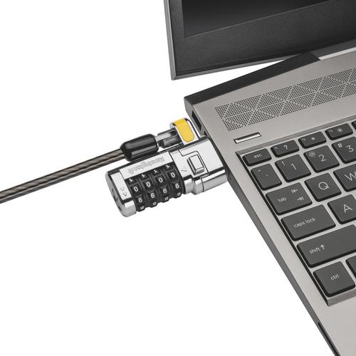 The ClickSafe® Universal Combination Laptop Lock fits any laptop security slot – standard T-bar, Nano or Wedge-Shaped – to lock down your laptop, regardless of laptop brand or generation.Fits standard T-bar, Nano or Wedge-Shaped laptop security slots, regardless of brand or generation. ClickSafe® Locking Technology allows the lock head to be attached with one hand in a single click.The 1.8m (6ft) cable with plastic sheath resists tampering, offers peace-of-mind and delivers the same level of cut-resistance and theft-resistance as thicker cables.A special hinge allows flexible movement.