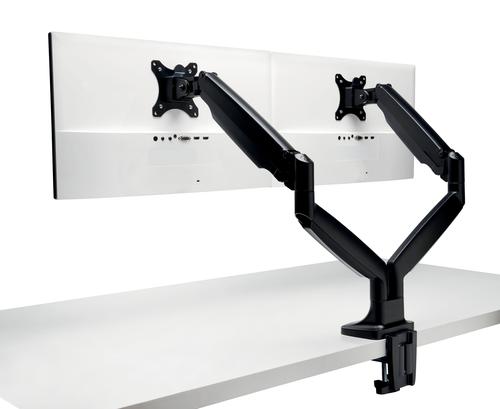 12075AC | The SmartFit® One-Touch Dual Monitor Arm makes it easy to find the proper monitor height for a neutral, comfortable posture, with its patented SmartFit® System & fully articulating design. Tested to meet ANSI/BIFMA standards, a heavy duty build guarantees stability in every position while its gas spring monitor mount makes adjusting your monitor´s height, depth & angle effortless, from landscape to portrait mode. The built-in Cable Management System organises & conceals cables while the arm lifts your external monitor up & out of the way, decluttering & clearing valuable desk space at once.