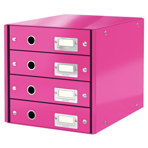 Leitz WOW Click & Store Drawer Cabinet (4 drawers). With thumbholes and label holders. For A4 formats. Pink.