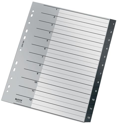 Premium quality extra wide A4 Folder Divider, 1-12 numerical tabs . 90% recycled plastic, climate neutral and 100% recyclable. For clear organisation of A4 documents, helps in keeping track of important notes or school paperwork, for home, school or office use. This robust index perfectly complements other products from the Leitz Recycle range and is made to last. Modern and contemporary green stationery that will look great at home and in the office. With the new eco friendly Recycle range from Leitz you can both improve your office environment – and the environment of our planet.