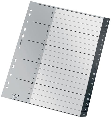 Premium quality extra wide A4 Folder Divider, 1-20 numerical tabs . 90% recycled plastic, climate neutral and 100% recyclable. For clear organisation of A4 documents, helps in keeping track of important notes or school paperwork, for home, school or office use. This robust index perfectly complements other products from the Leitz Recycle range and is made to last. Modern and contemporary green stationery that will look great at home and in the office. With the new eco friendly Recycle range from Leitz you can both improve your office environment – and the environment of our planet.