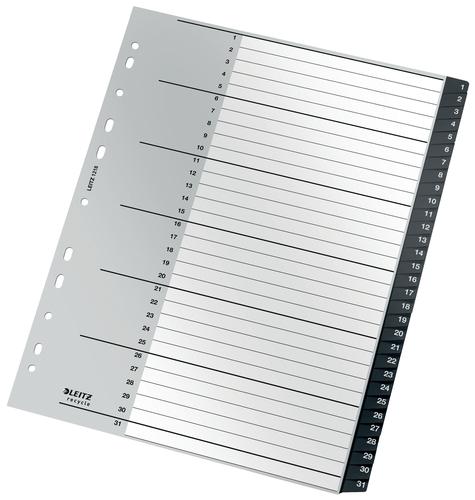 Premium quality extra wide A4 Folder Divider, 1-31 numerical tabs . 90% recycled plastic, climate neutral and 100% recyclable. For clear organisation of A4 documents, helps in keeping track of important notes or school paperwork, for home, school or office use. This robust index perfectly complements other products from the Leitz Recycle range and is made to last. Modern and contemporary green stationery that will look great at home and in the office. With the new eco friendly Recycle range from Leitz you can both improve your office environment – and the environment of our planet.
