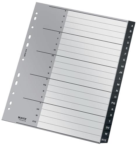 Premium quality extra wide A4 Folder Divider, 20 A-Z (I) alphabetical tabs. 90% recycled plastic, climate neutral and 100% recyclable. For clear organisation of A4 documents, helps in keeping track of important notes or school paperwork, for home, school or office use. This robust index perfectly complements other products from the Leitz Recycle range and is made to last. Modern and contemporary green stationery that will look great at home and in the office. With the new eco friendly Recycle range from Leitz you can both improve your office environment – and the environment of our planet.