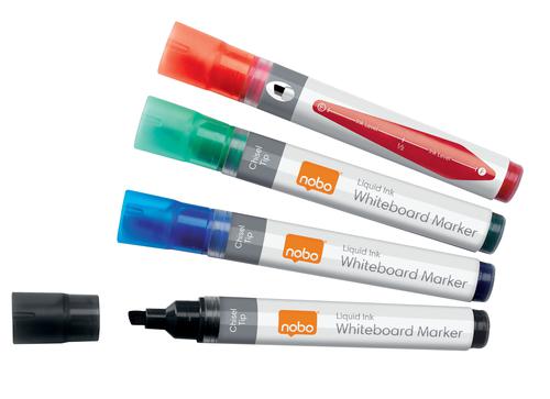 Nobo Liquid Ink Whiteboard Pens Chisel Tip 4 Pack Assorted