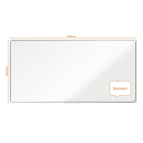 Claim a Free Nobo Whiteboard Starter Kit when you purchase this product until 30th June 2024Terms & Conditions apply, to claim please register online  here.Steel magnetic whiteboard with a modern stylish aluminium trim. Fixed by a through corner wall mounting and includes a large whiteboard pen tray for the convenient storage of whiteboard markers and erasers.The painted steel magnetic whiteboard surface delivers an increased level of erasability for moderate use.Size: 2700x1200mm.