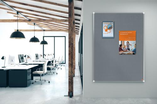 Cork notice board with a modern stylish aluminum trim and fixed with a through corner wall mounting. Excellent cork notice board surface to pin and display your notices. Size: 600x450mm.