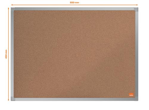 Cork notice board with an anodised aluminum trim and fixed by a through corner wall mounting. Excellent Cork notice board surface to pin and display your notices. Size: 600x450mm.