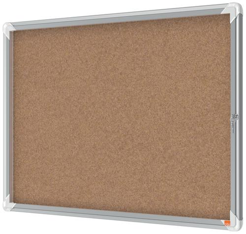 Cork lockable notice board with a hinged glass door and side lock. Complete with a modern stylish aluminum trim and fixed with a through corner wall mounting. Excellent cork notice board surface to securely pin and display your notices. Size: 8xA4 sheets.