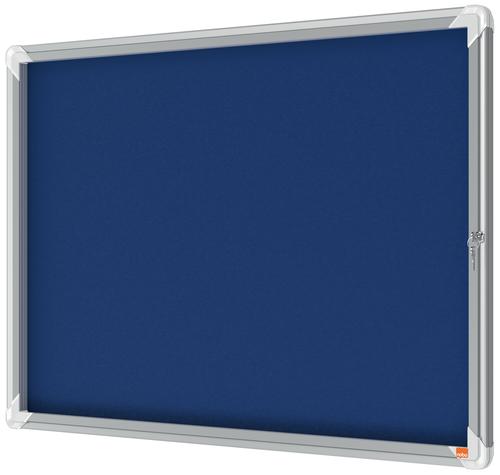 54835AC | Felt lockable notice board with a hinged glass door and side lock. Complete with a modern stylish aluminum trim and fixed with a through corner wall mounting. Excellent felt notice board surface to securely pin and display your notices. Size: 8xA4 sheets.