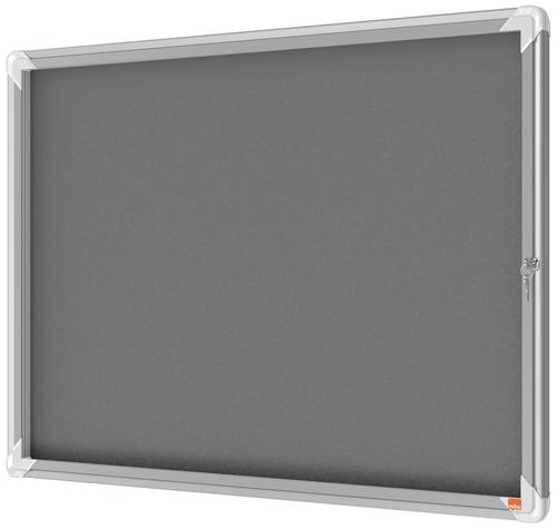 54849AC | Felt lockable notice board with a hinged glass door and side lock. Complete with a modern stylish aluminum trim and fixed with a through corner wall mounting. Excellent felt notice board surface to securely pin and display your notices. Size: 8xA4 sheets.
